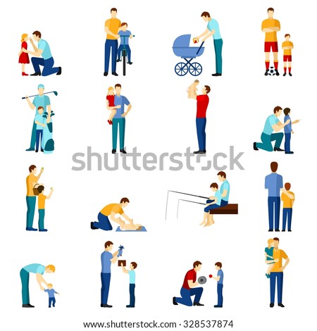 ?olor fatherhood flat icons set with father playing with children isolated vector illustration.