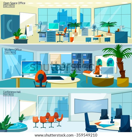 stock vector office interiors horizontal banners set with conference hall and open space office with modern 359549210