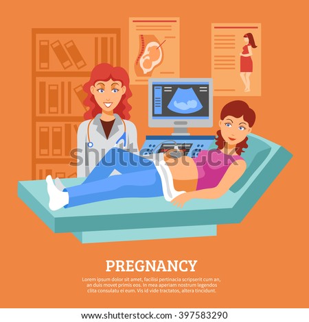 Poster with pregnant woman laying on the couch during the ultrasound checking vector illustration