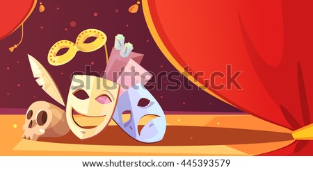 Color cartoon illustration depicting theatre props mask skull vector illustration