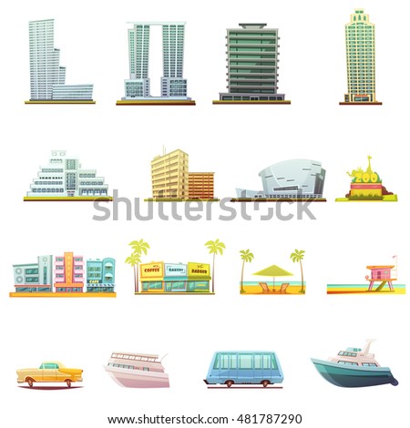 Miami beach buildings city landscape tourists attractions and transportation elements retro cartoon icons collection isolated vector illustration