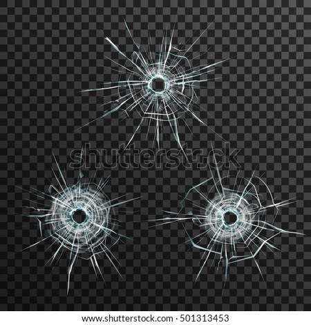 Bullet holes template in glass on transparent gray background isolated vector illustration