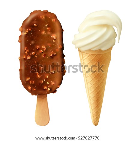 Vanilla flavored cone and coated with chocolate ice cream bar set realistic dessert snack food vector illustration