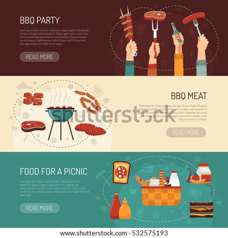 Barbecue party horizontal banners with food kit for picnic and grilled meat assortment flat vector illustration