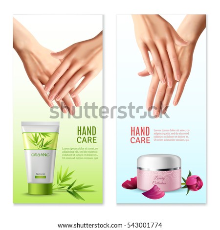 Natural hand creams with plants and rose buds extracts 2 vertical realistic banners with text isolated illustration