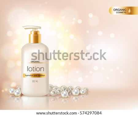 Pump top bottle with organic cosmetic lotion and gold cap decorated with scattering of pearls and glare background realistic vector illustration