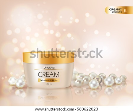 Beautiful realistic vector illustration for advertisement of organic cosmetic series with face cream container and pearls
