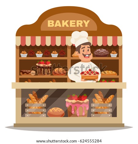 Bakery shop design concept with chef in hat standing behind the counter and offering pastries flat vector illustration