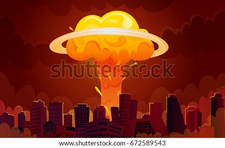 Downtown city center skyscrapers with bright orange fiery nuclear explosion mushroom clouds retro cartoon poster vector illustration 