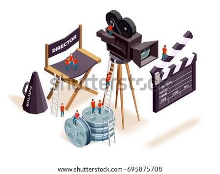 Isometric cinema composition with the little people climbing on motion picture filming equipment and directors seat vector illustration