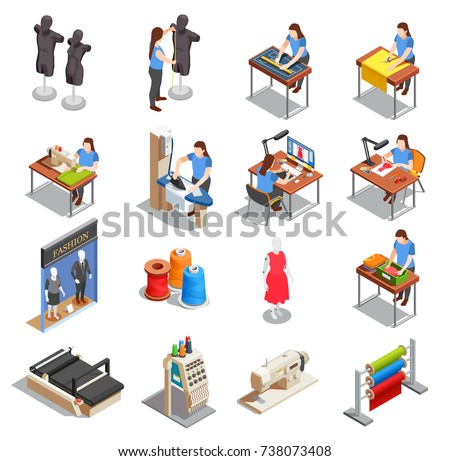 Sewing factory set of isometric icons with people during measurement, tailoring, ironing, creation design isolated vector illustration