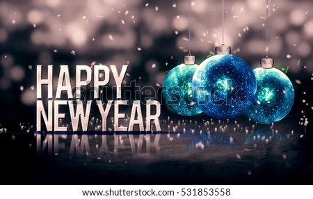 Happy New Year Hanging Baubles Blue Bokeh Beautiful 3D Grayscale Background