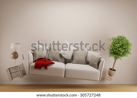 Zero gravity living room with hoovering sofa and furniture (3D Rendering)