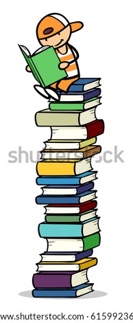 Cartoon Child Sitting On Pile Books Stock Illustration 615992369 ...