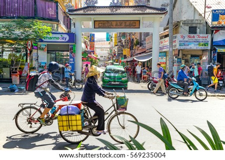 Ho Chi Minh City, Vietnam e January, 2017: street view of Pham Ngu Lao street, the backpacker district of Saigon.