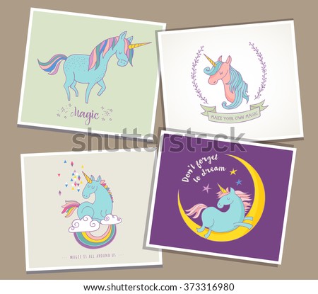 cute magic unicon and rainbow greeting cards