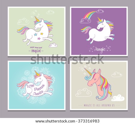 cute magic unicon and rainbow greeting cards