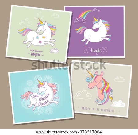 cute magic unicon and rainbow greeting cards