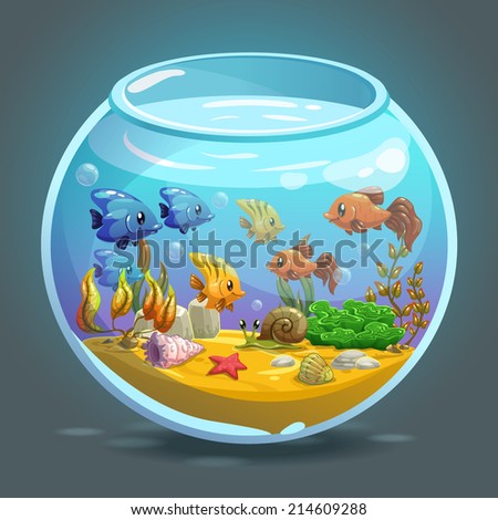 Aquarium with fishes, algae and decorations
