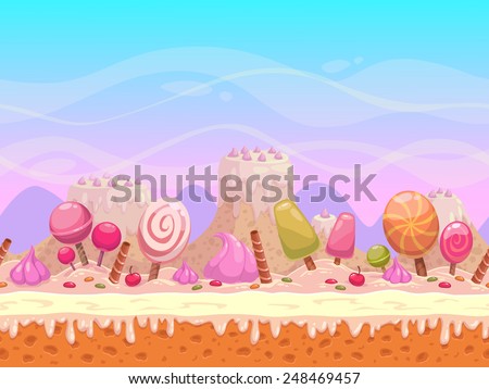 Seamless vector landscape with layers for parallax effect. Candyland illustration for game design