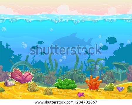 Underwater seamless landscape, neverending vector bottom illustration, cartoon background for game design