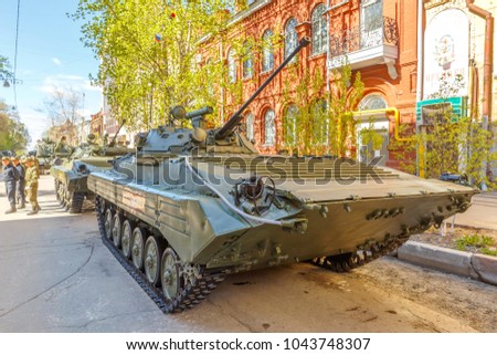 Russia, Samara, May 2017: BMP-2 caterpillar infantry combat vehicle on a city street prepared for the Victory Day parade on a spring sunny day.