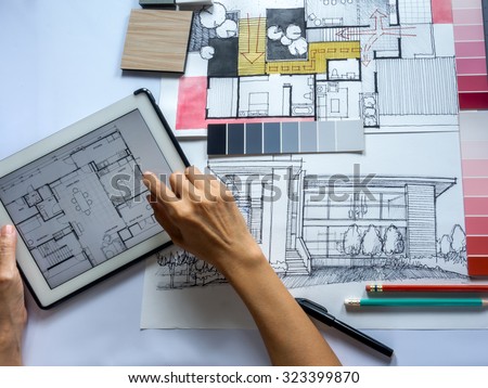 Top View Architects Interior Designers Hands Stock Photo