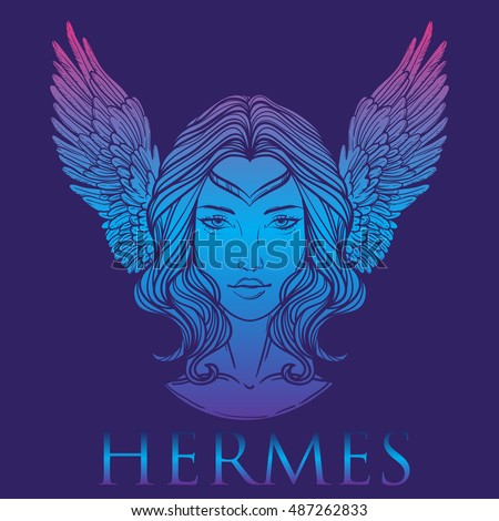 Vector illustration of the Greek god Hermes in the form of a woman. The girl goddess, Mercury with wings. goddess logo. Hand-drawn vintage linear tattoo design. Isolated vector art.