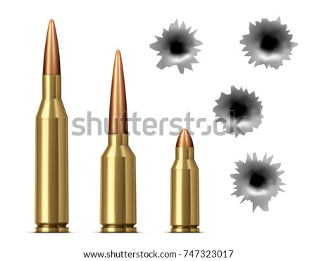 Bullets and bullet holes isolated on white background. Realistic vector illustration