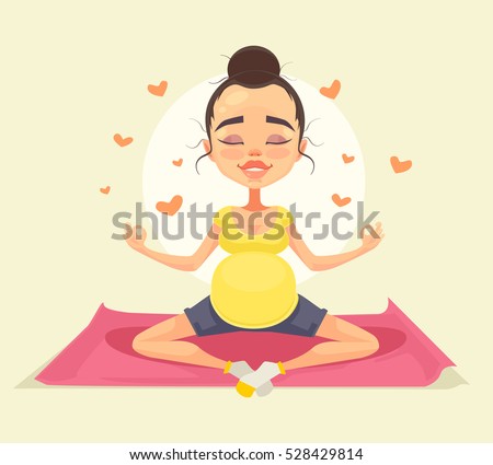 Cute pregnant woman character doing yoga. Vector flat cartoon illustration