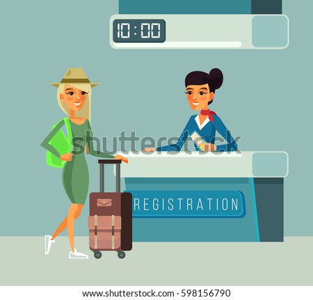 Tourist woman character registers for flight. Vector flat cartoon illustration