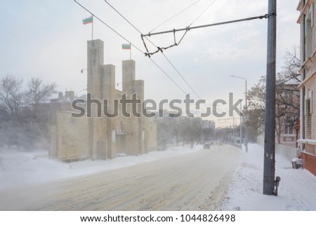 VARNA, BULGARIA, FEBRUARY 28, 2018: 8th Infantry Regiment Memorial Gate under the snow storm.The monument-portal was inaugurated on November 15th,1936