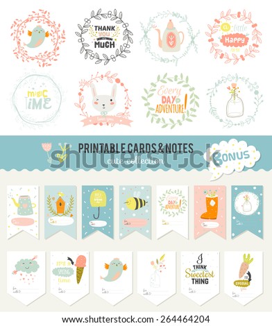 Romantic and love cards, notes, stickers, labels, tags with Spring illustrations. Template for scrapbooking, wrapping, congratulations, invitations. Vector wishes with cute animals, flowers and sweets