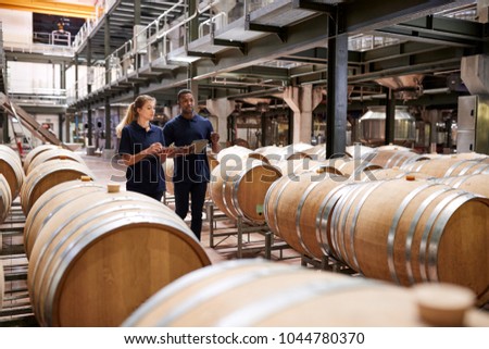 Two staff inspecting barrels in a wine factory warehouse