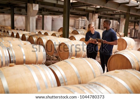 Two staff inspecting barrels in a wine factory warehouse