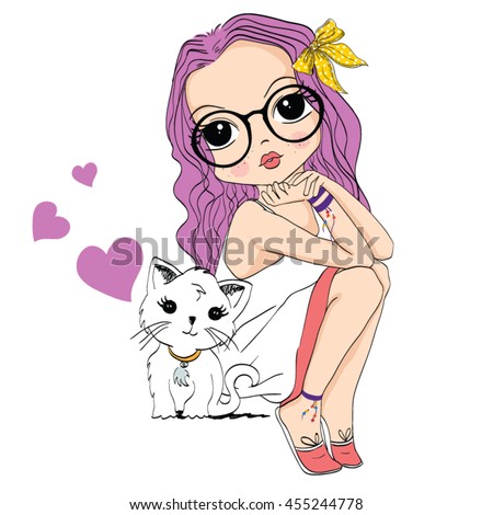 Fashion Teenage Girl Sunglasses Printing Tshirt Stock Vector 79287010 ...