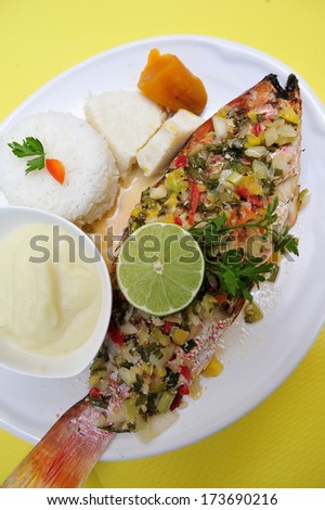 Grilled Fish With White Rice Caribbean And West African Traditional Dish Martinique Grilled Fish With White Rice Caribbean And West African Traditional Dish Martinique