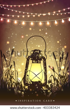 Amazing vintage lantern on grass with magical lights of fireflies at night sky background. Unusual vector illustration. Inspiration card for wedding, date, birthday, tea or garden party