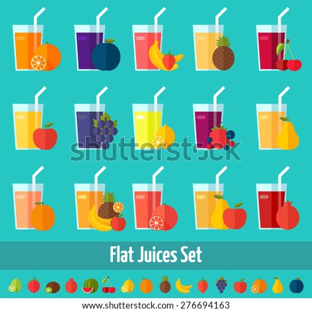 Fruits juices flat icons set. Colorful template for cooking, restaurant menu and vegetarian food