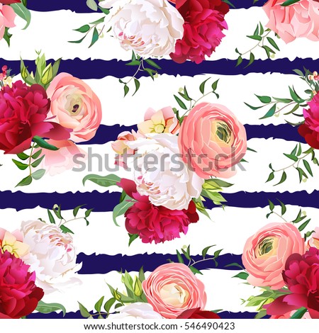 Burgundy red and white peonies, ranunculus, rose seamless vector pattern. Navy striped elegant print with luxury bright flowers.