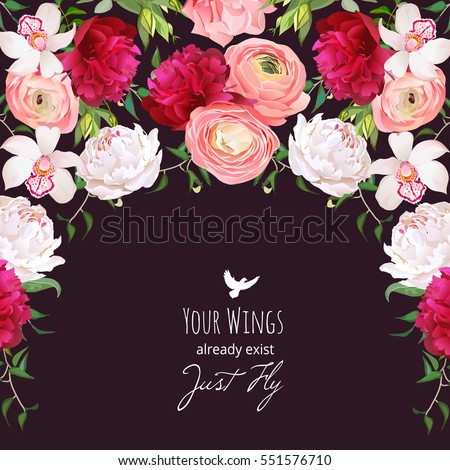 Spanish style semicircle garland frame arranged from burgundy red and white peony, peachy ranunculus, rose, orchid. Floral vector design card with dark background.
