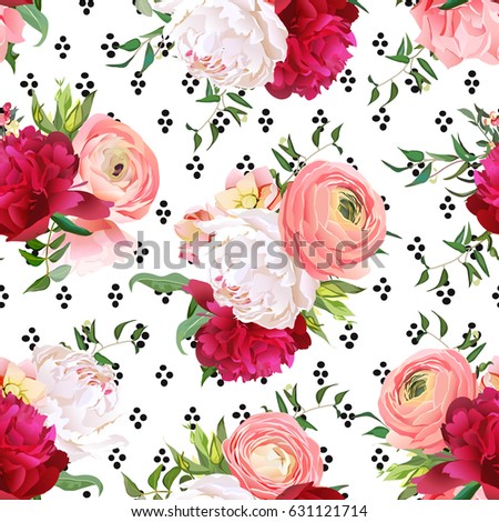 Burgundy red and white peonies, ranunculus, rose seamless vector pattern. Stylish funky print with luxury bright flowers and black round dots confetti.