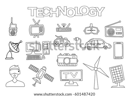 Technology Elements Hand Drawn Set Coloring Stock Vector