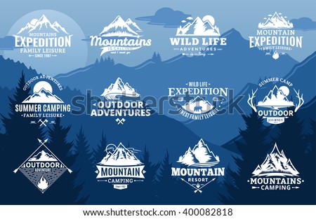 Set of vector mountain and outdoor adventures logo on mountain landscape background. Travel icons for tourism organizations, outdoor events and camping leisure.