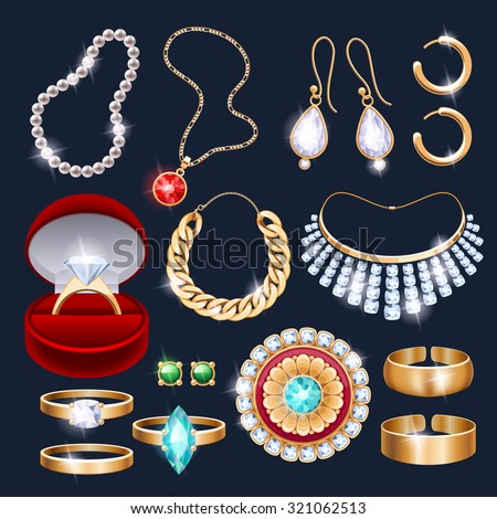 REalistic jewelry accessories icons set. Necklace bracelet gold chain diamond pearl earrings pendant rings vector illustration.