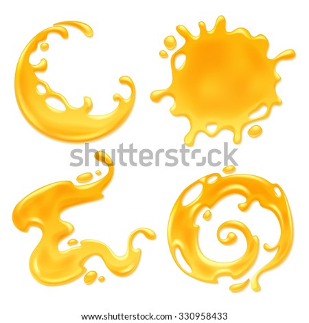 Yellow juice or honey blots set. Sweet smudges splashes drops on white background. Spiral round and abstract curves forms.