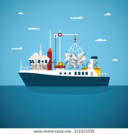 Vector concept of river ocean and sea fishing boat