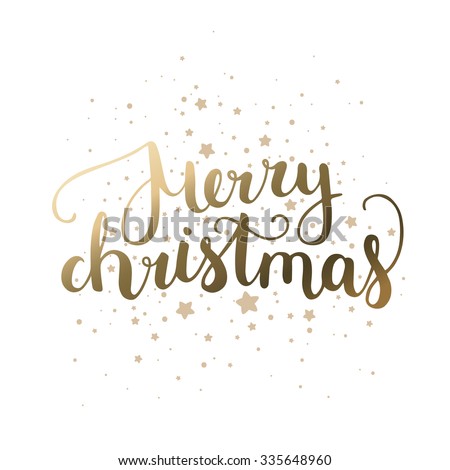 Merry Christmas card with hand drawn lettering and stars on white background. Gold card