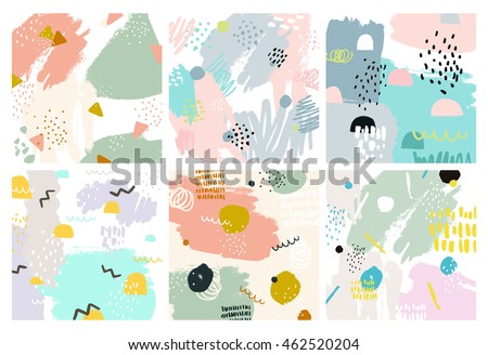 Set of Abstract backgrounds with hand drawn textures, memphis style. Universal cards, pastel colors. Retro design, fashion art