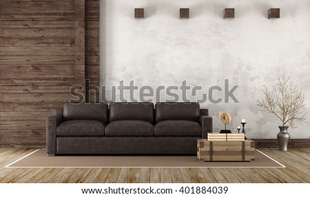 Home Interior In Rustic Style With Leather Couch And Old Wooden Paneling Home Interior In Rustic Style With Leather Couch And Old Wooden Paneling
